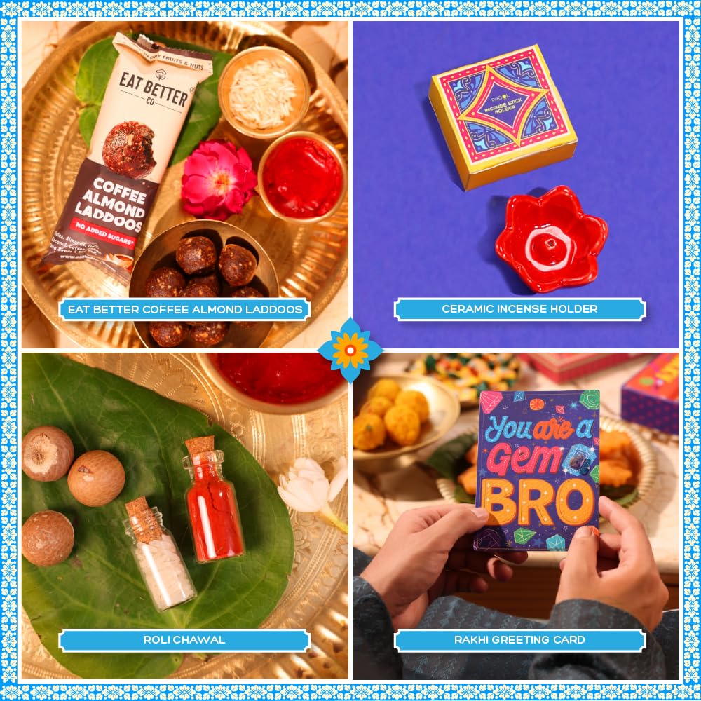 Phool Bandhan Rakhi Gift Hamper for Brother | 10-Item Rakhi Gift Set with 2 Rakhis, Incense, Laddoo & Chikki | Rakhi Gift Box for Brother | Rakshabandhan Gift Hamper with Sweets