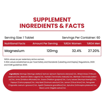 Vlado's Himalayan Organics Plant Based Magnesium Supplement 1360mg With Turmeric Spirulina, Wheatgrass, Moringa | Clinically Approven | Supports Bone Muscle & Bone Health | Boost Energy Level - 60 Veg Tablets