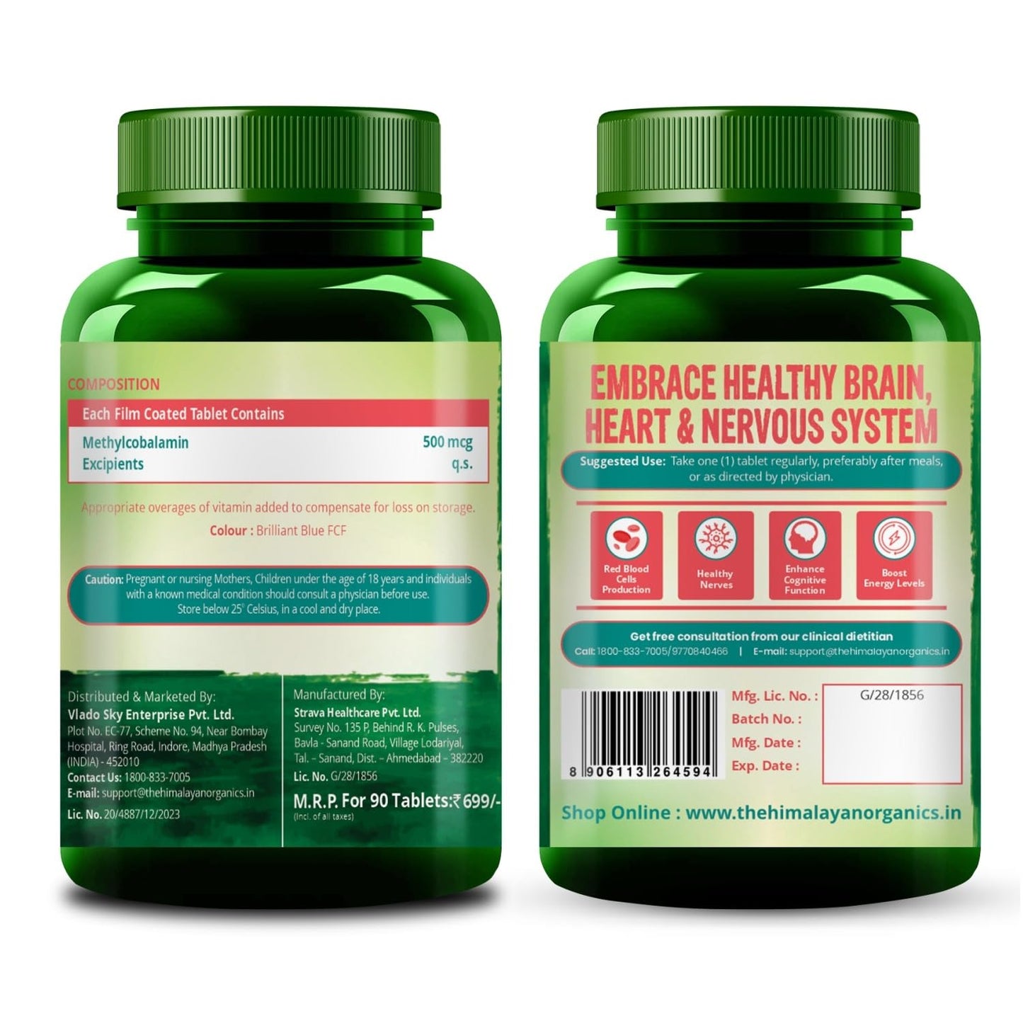 Vlado's Himalayan Organics Vitamin B12-500 mcg - Active form of Methylcobalamin Vitamin B12 Supplements for Men & Women (Pack of 3) - 180 Veg Tablets