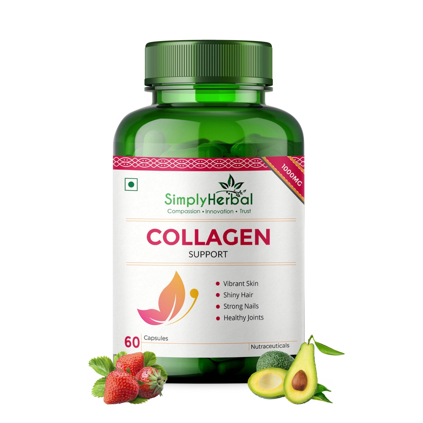 Simply Herbal Collagen Builder 1000mg with Biotin & Vitamin C for Hair, Skin, & Nails, Plant-Based Supplement Capsules for Women & Men, 60 Count