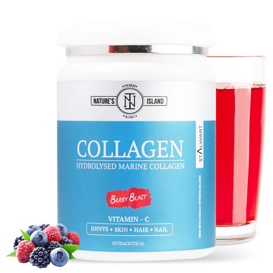 Nature's Island Hydrolyzed Marine Collagen Powder for Women & Men | Collagen Peptides Powder for Bones | Joints | Hair | Skin & Nails | Infused with Vitamin C | 250G - (Berry Blast))