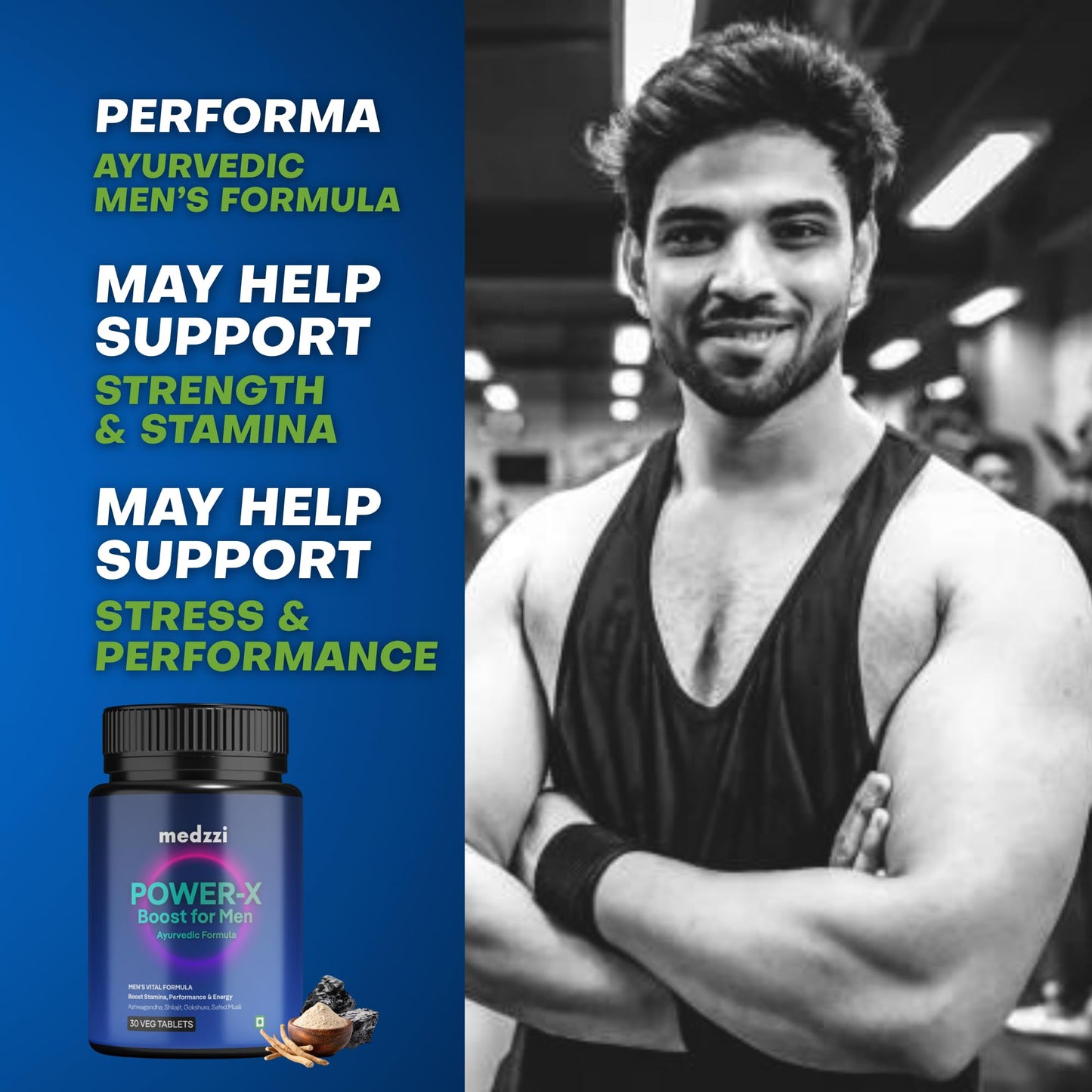 Medzzi Power-X Men’s Wellness Ayurvedic Veg Tablets | With Ashwagandha KSM-66, Shilajit, Gokshura & Kaunch Beej | Supports Stamina, Strength, Energy & Vitality | 30 Veg Tablets