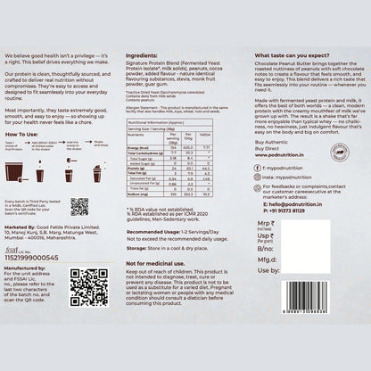 POD Nutrition Fermented Yeast Protein Blend | Chocolate Peanut Butter Flavor | 24g Protein, 0g Added Sugar, Gut-Friendly | Sweetened with Stevia & Monk Fruit | No Bloating, High Absorption | 500g