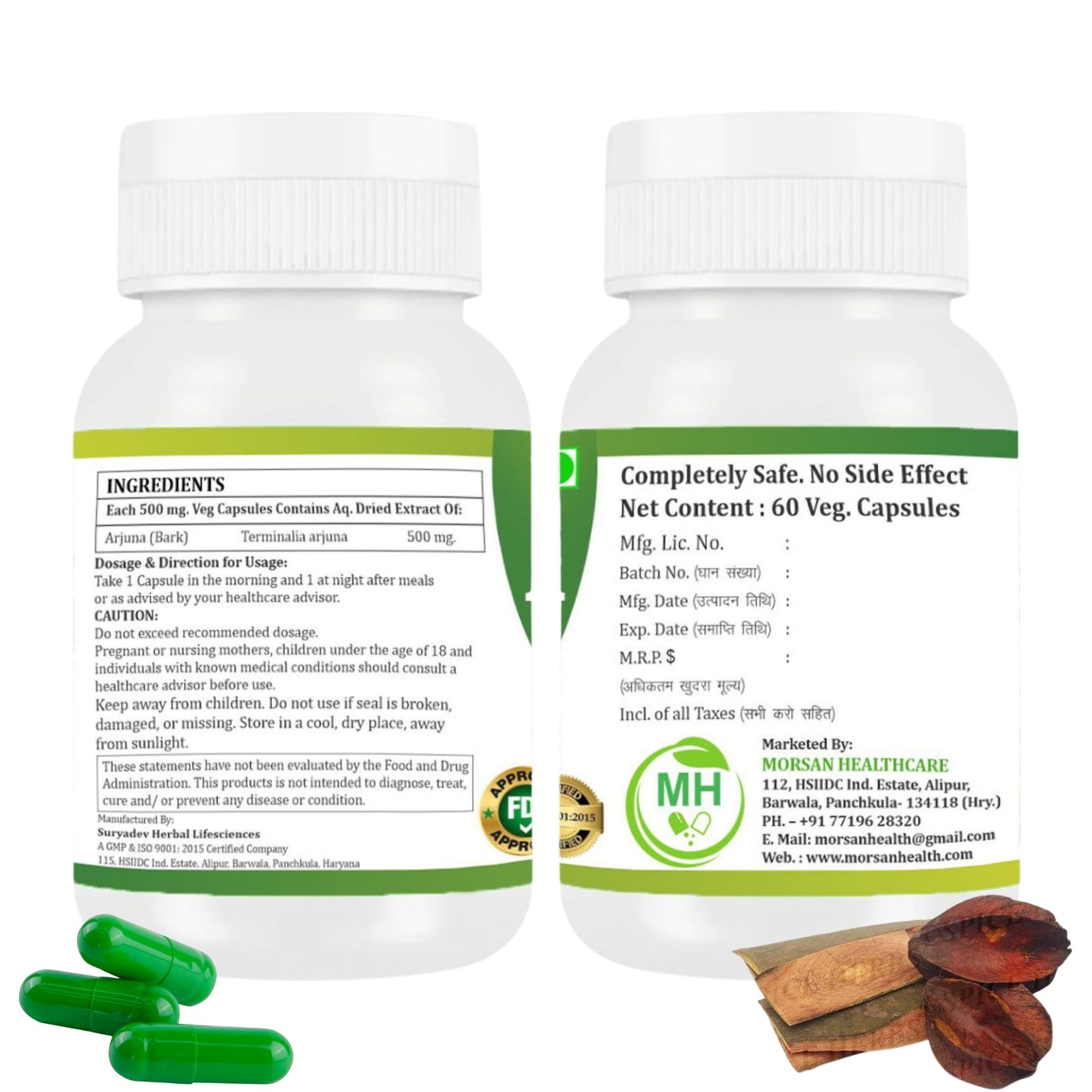 Morsan's Arjuna (Terminalia arjuna) Capsules, Pack of 2 x 60 x 500 mg. Veg. Capsules (2)