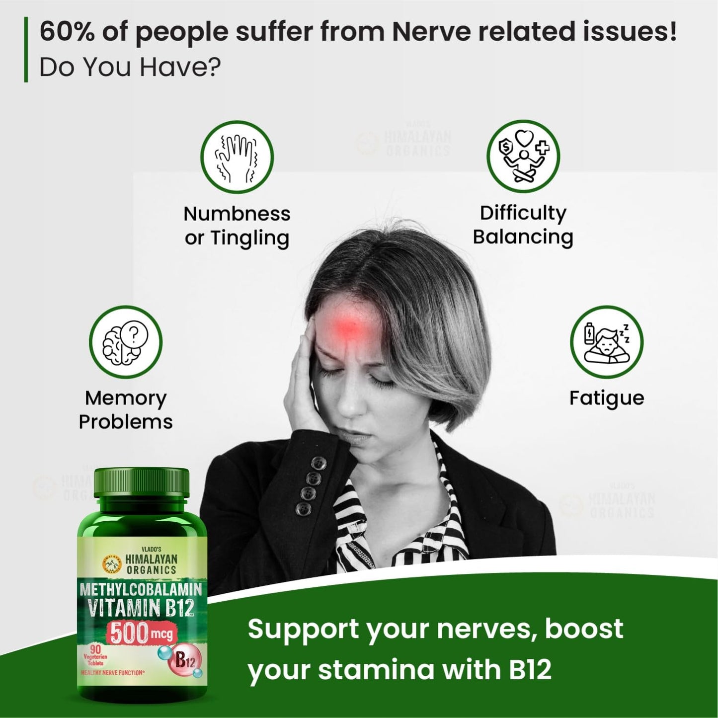 Vlado's Himalayan Organics Vitamin B12-500 mcg - Active form of Methylcobalamin Vitamin B12 Supplements for Men & Women (Pack of 3) - 180 Veg Tablets