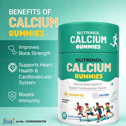 Knoll Healthcare Nutrinol Calcium Gummies with Vitamin D3 | Bone Health, Teeth Strength & Muscle Support | No Added Sugar | Peach Flavour Calcium Supplement for Men, Women & Kids | 60 Gummies