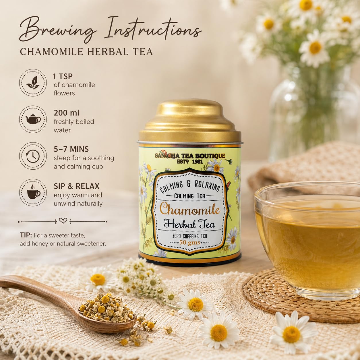 Sancha Tea Boutique, Pure Chamomile Tea, 50g Loose Leaves, Caffeine Free Herbal Tisane, Bedtime for Good Sleep, Stress Relief & Relaxation
