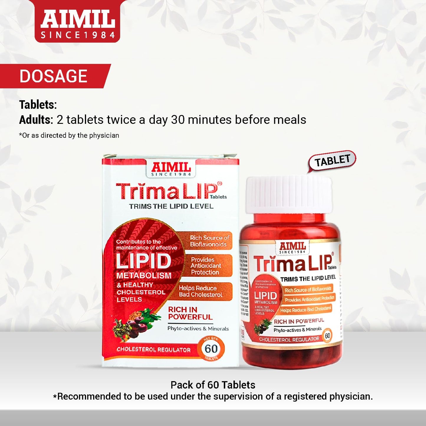 AIMIL TrimaLIP Cholesterol Lowering Tablets, 60 Tablets per Pack, For Healthy Cholesterol Levels