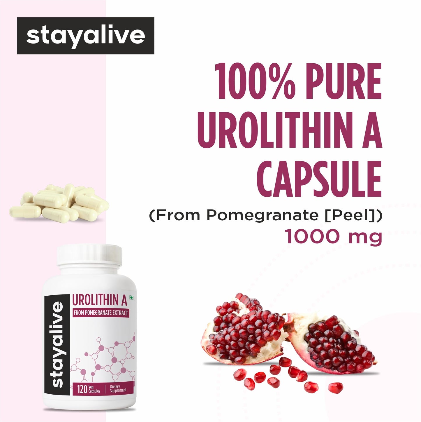 STAY ALIVE Urolithin A Supplement 1000mg, 120 Pills, Pure Mitochondrial Supplement from Pomegranate Extract, Non-GMO and Gluten-Free Urolithin A+ Capsules for Men and Women