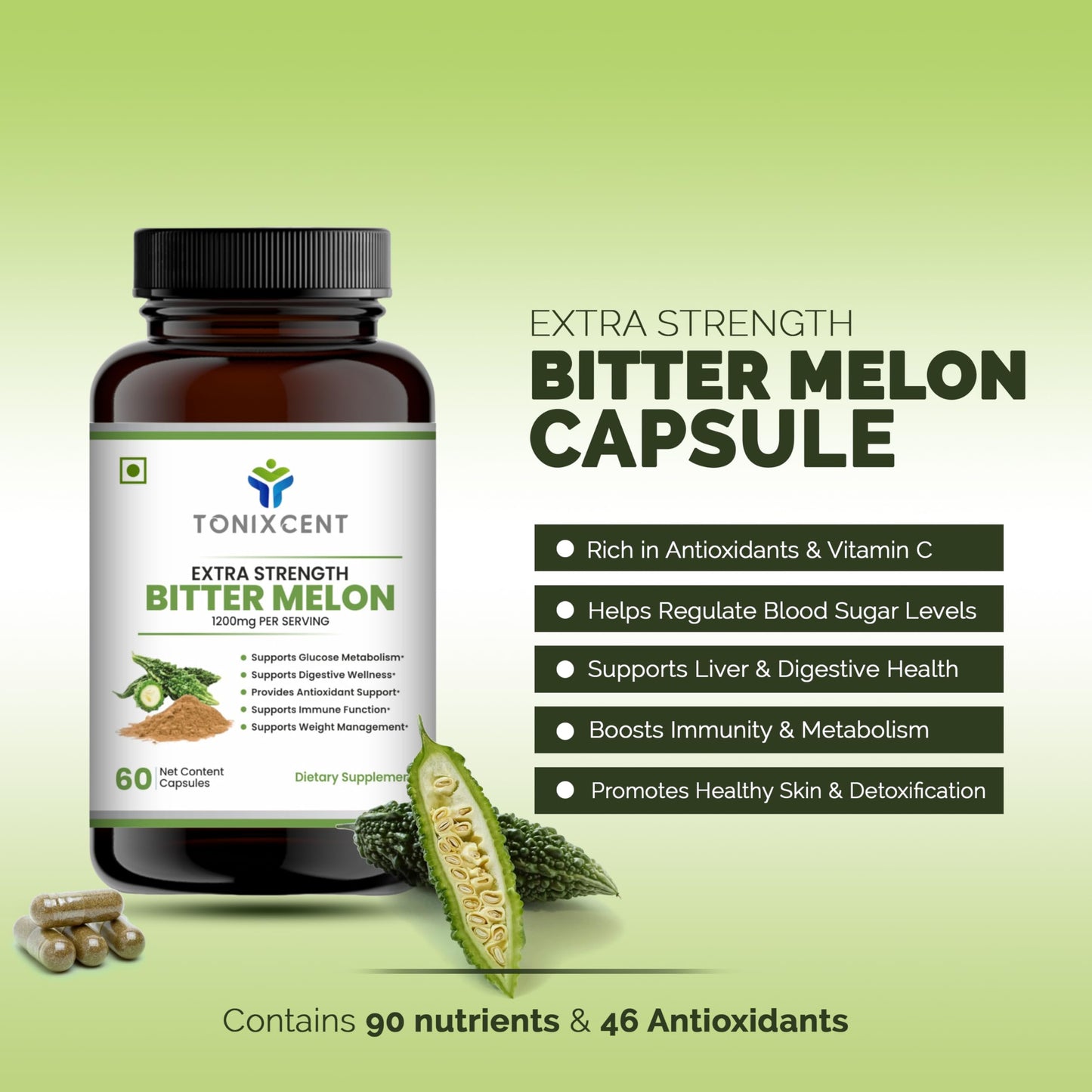 TONIXCENT Glucoroot Flow Blend | Bitter Melon 1200mg + Beetroot 1000mg Capsules Combo | Supports Blood Sugar, Heart Health & Digestion | Rich in Nitrates & Antioxidants | 2 x 60 Capsules each