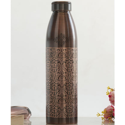 INDIAN ART VILLA 100% Pure Copper Water Bottle, Antique Dark Embossed Design, Ayurvedic Vessel for Yoga & Health, 900ml