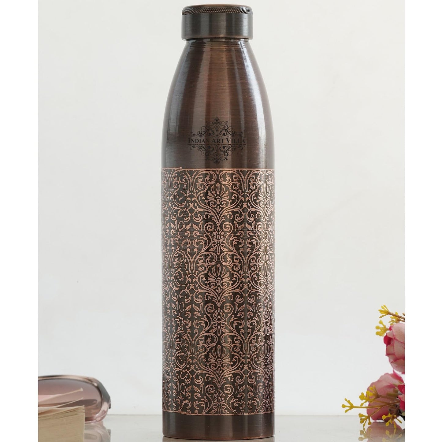 INDIAN ART VILLA 100% Pure Copper Water Bottle, Antique Dark Embossed Design, Ayurvedic Vessel for Yoga & Health, 900ml