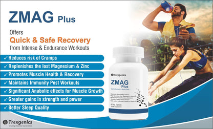 Trexgenics ZMAG PLUS Next Generation Sports Recovery, Restful Sleep complex with Bioactive Zinc & Magnesium Bisglycinate, Active B6 P5P & Vit. D3 Advanced, Bioavailable & Safe (60 Veg Capsules)