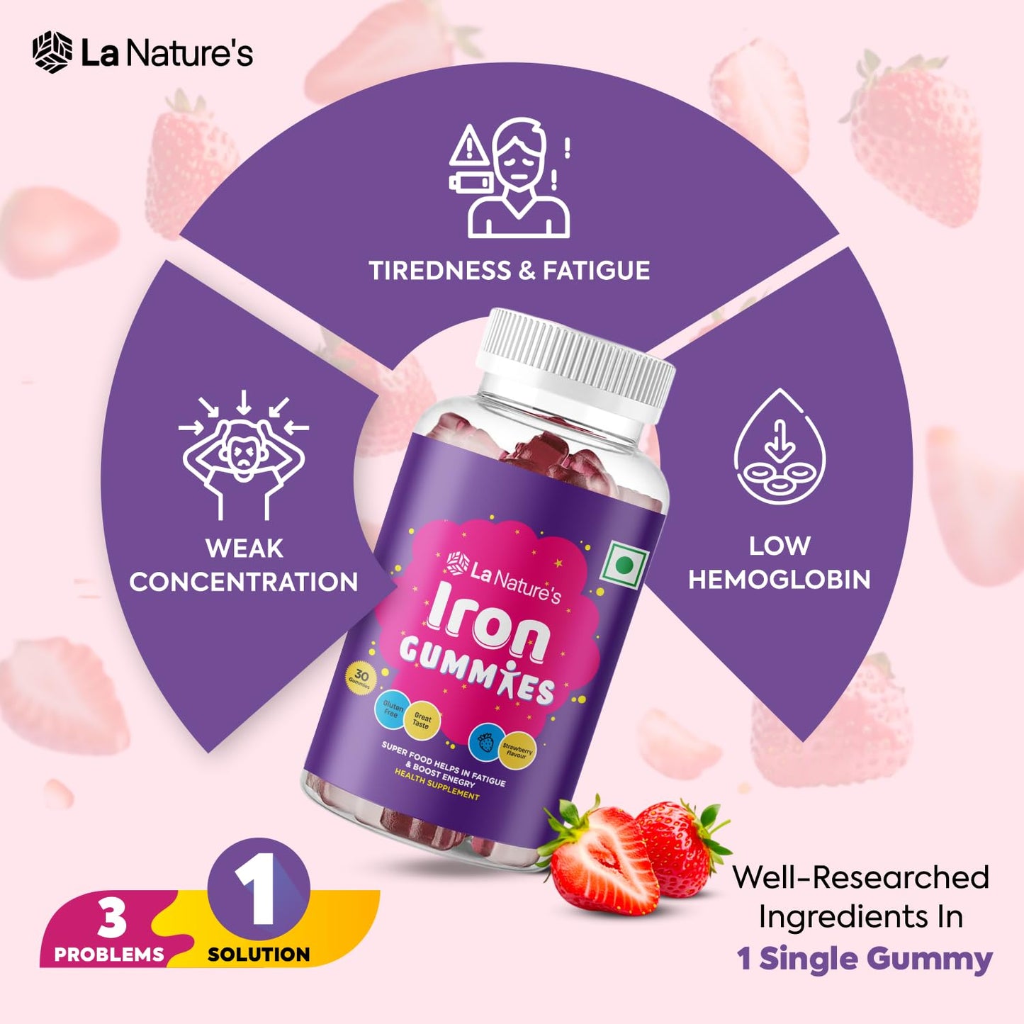La Nature's Iron Gummies Superfood to Prevent Fatigue and Boost Energy Maintain Hameglobin Level Supports Immune System Good for Pregnancy Health for Women Strawberry Flavour Gummy Bears 30 Gummies