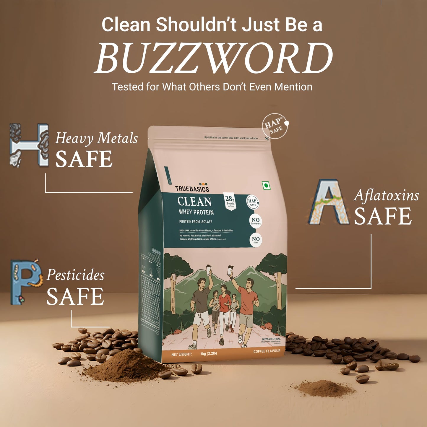 TrueBasics Clean Whey 100% Protein Isolate Powder (Coffee, 1kg) | 28g Protein per Scoop | Trustified Gold Certified