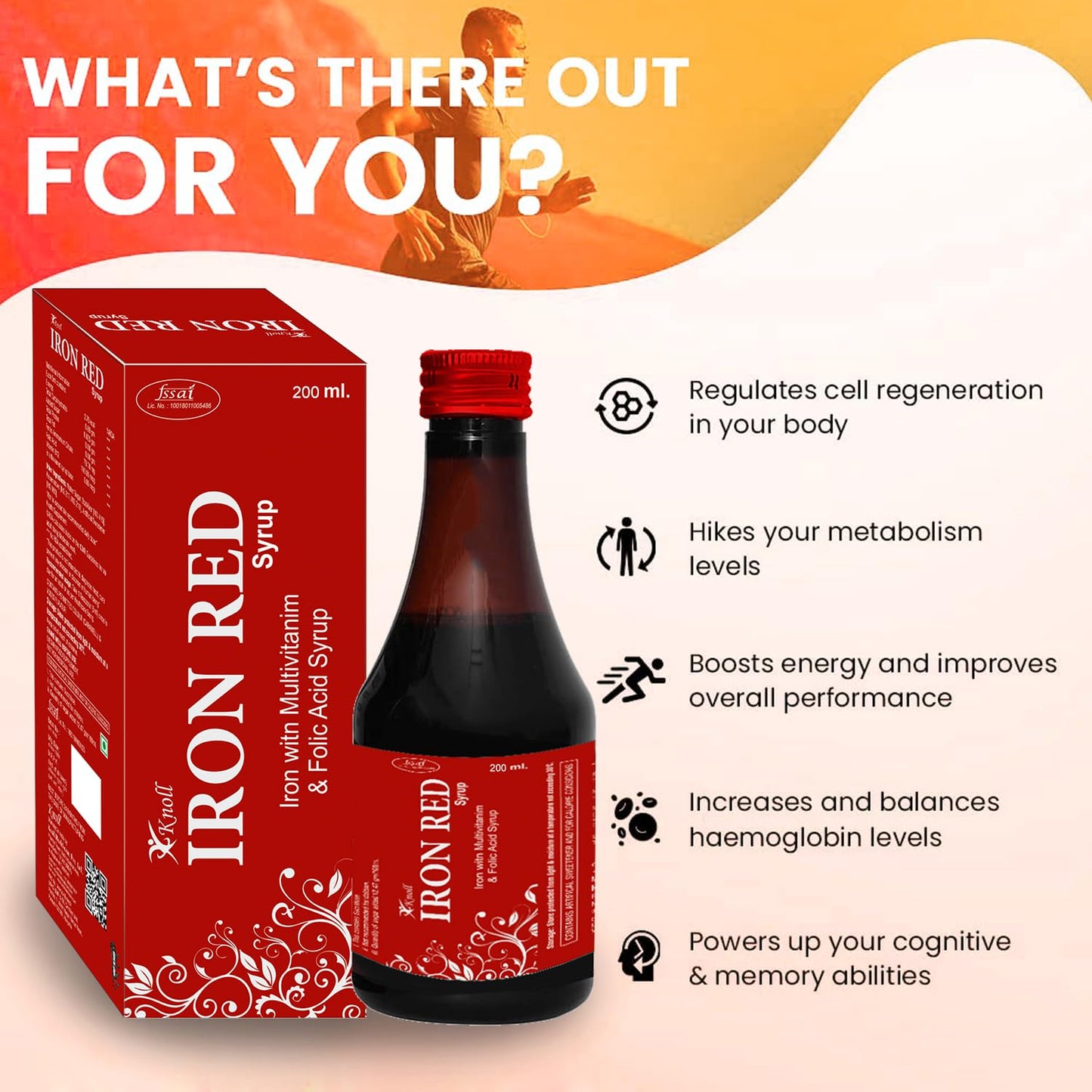 Knoll Healthcare Iron Red Syrup Iron With Multivitamin & Folic Acid Syrup Increase Red Blood Cells 200 Ml (Pack Of 1) - Liquid
