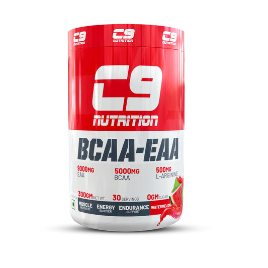 C9 NUTRITION BCAA + EAA Powder- Sugar Free Workout Muscle Recovery & Endurance Drink with 5000mg BCAA, 9000mg EAA, 500 mg L-Arginine | Amino Acid Supplements (30 Servings, Watermelon Flavour)