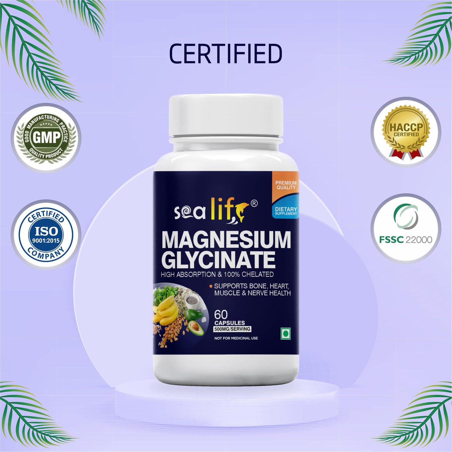 Sea Life Magnesium Glycinate 500 Mg Capsules|60 Veg Capsules Each | Magnesium Supplement | Improves Muscle & Nerve Function| Anti Stress Supplement | Better Sleep Quality | (Pack of-2)