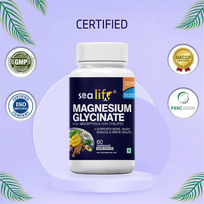 Sea Life Magnesium Glycinate 500 Mg Capsules|60 Veg Capsules Each | Magnesium Supplement | Improves Muscle & Nerve Function| Anti Stress Supplement | Better Sleep Quality | (Pack of-2)
