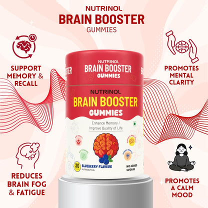 Knoll Healthcare Nutrinol Brain Booster Gummy | Boosts Memory, Focus & Concentration | Brain Fog Support | Improve Quality of Life Bacopa monneieri 60mg |Blueberry Flavour 30 Gummies (Pack of 2)