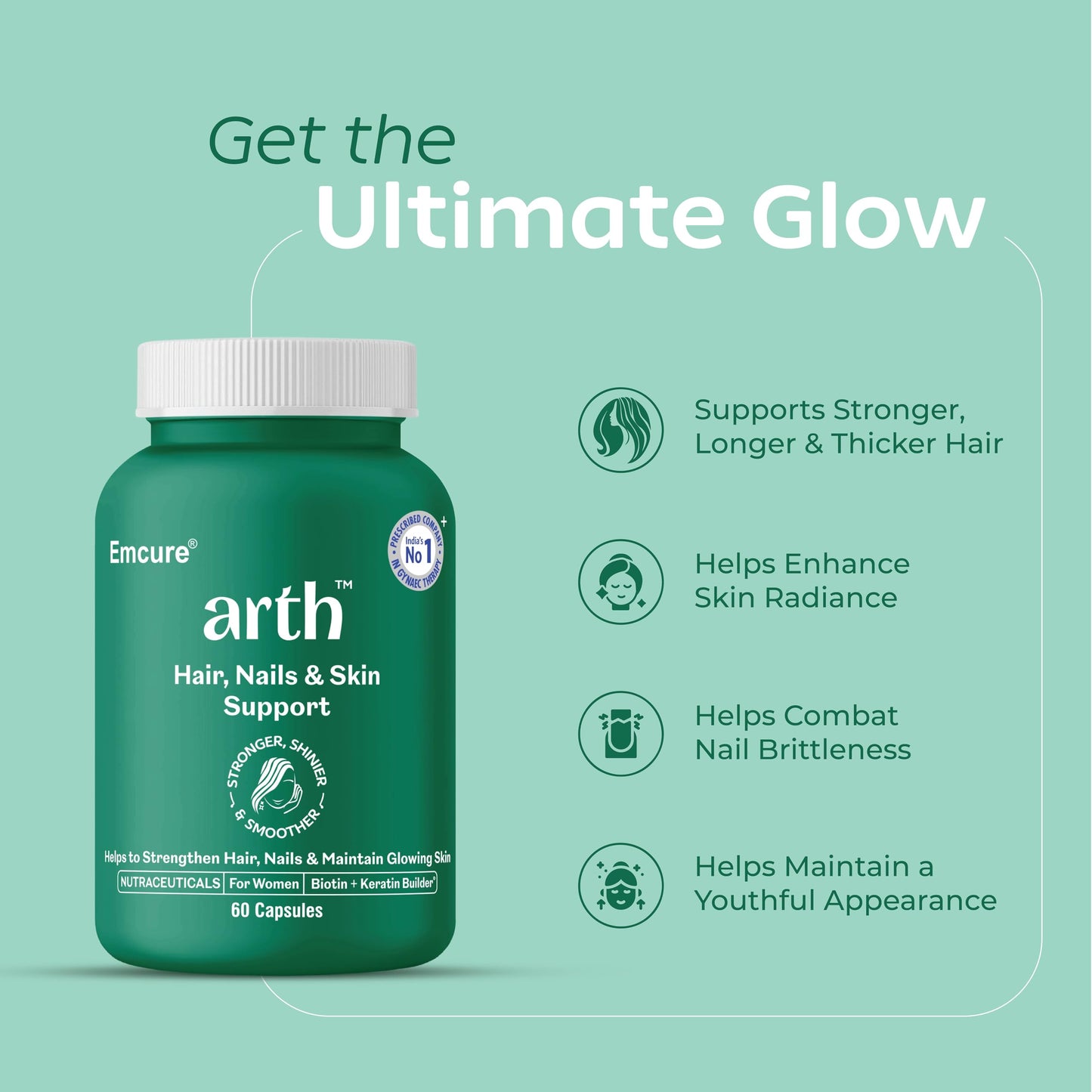 Arth Biotin Capsules For Hair Growth, Skin & Nails - 60 Veg Capsules for Men & Women | Vitamin A, B, D3, Folic Acid, Keratin Builder & Hyaluronic Acid | Supplement For Healthy Hair, Nails & Skin