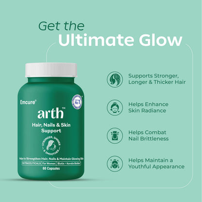 Arth Biotin Capsules For Hair Growth, Skin & Nails - 60 Veg Capsules for Men & Women | Vitamin A, B, D3, Folic Acid, Keratin Builder & Hyaluronic Acid | Supplement For Healthy Hair, Nails & Skin