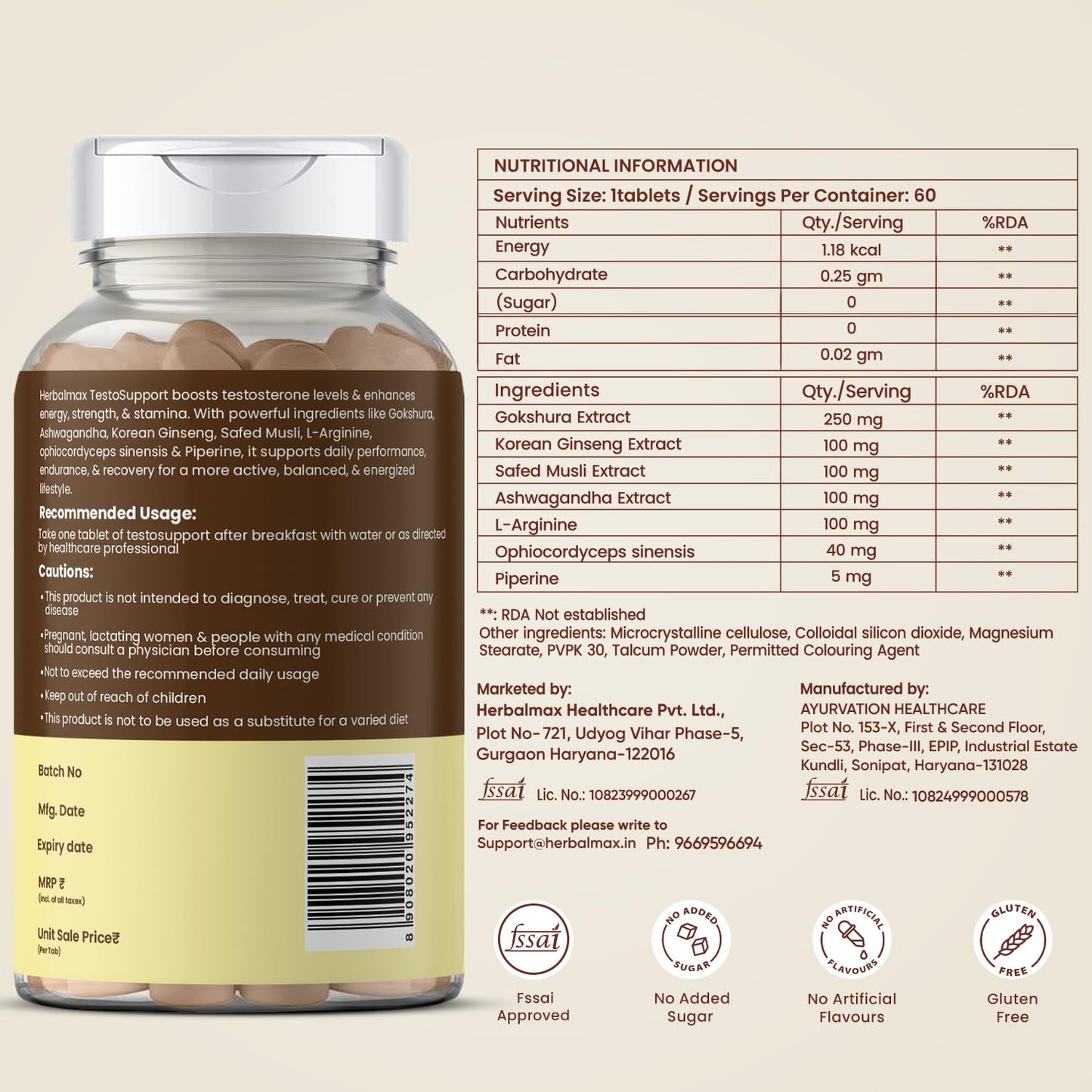 Herbalmax Testo Support Testosterone Supplement | With Gokshura, Safed Musli, L-Arginine & Ashwagandha | Natural Testosterone Booster for Strength, Stamina, Performance & Energy – 60 Tablets