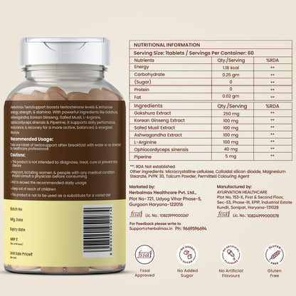 Herbalmax Testo Support Testosterone Supplement | With Gokshura, Safed Musli, L-Arginine & Ashwagandha | Natural Testosterone Booster for Strength, Stamina, Performance & Energy – 60 Tablets