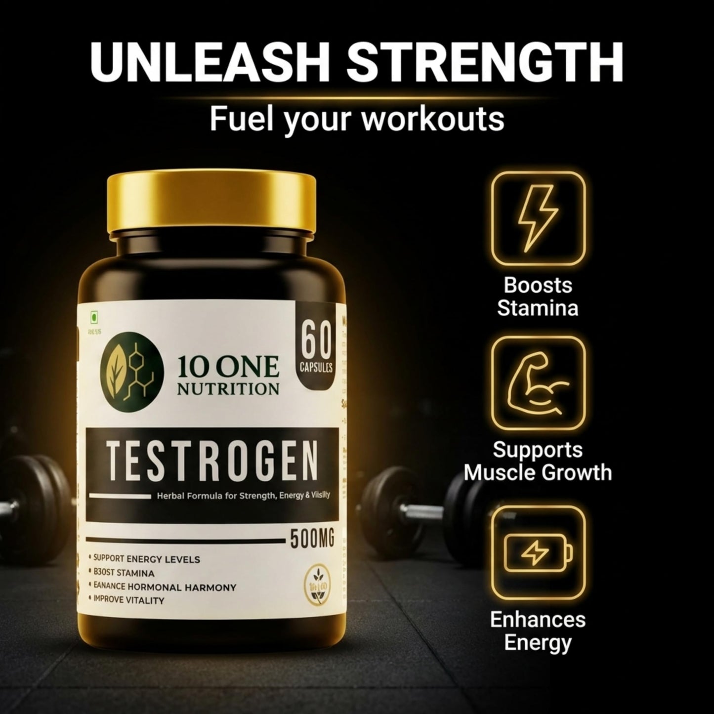 10 One Nutrition Testrogen Gold Testosterone Support Capsules for Men | Ashwagandha, Safed Musli, Shilajit & Gokhru | Stamina, Strength, Energy & Muscle Growth | 60 Veg Capsules | Ayurvedic Formula