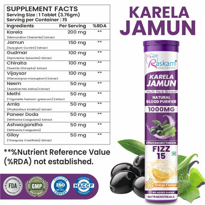 Raskam Karela Jamun Effervescent Tablets | Helps in High Sugar Condition|Promotes Healthy Glucose Levels | Boosts Digestive Health| Supports Daily Blood Sugar Management & Insulin Function| Orange Flavor (15)