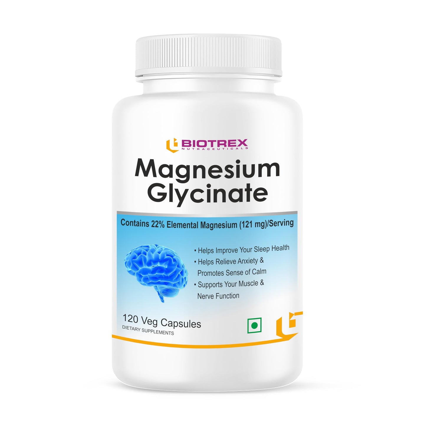 Biotrex Nutraceuticals Magnesium Glycinate | Highest Bioavailability | Cramps, Sleep & Mood balance | Chelated Form With Superior Absorption | Muscle Recovery & Nerve Function | 120 Veg Capsules