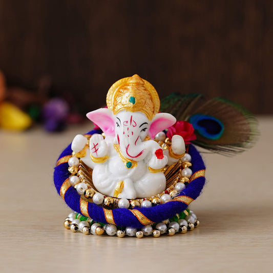 eCraftIndia Polyresin Lord Ganesha Idol on Decorative Handcrafted Floral Plate,