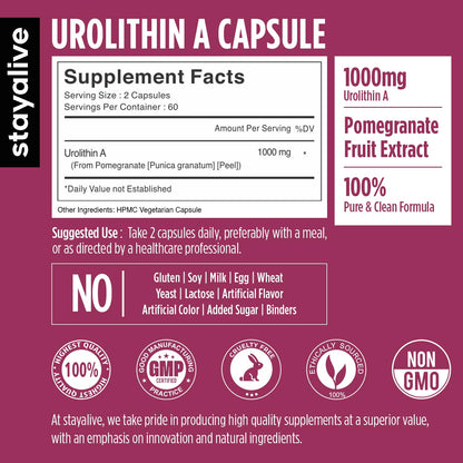 STAY ALIVE Urolithin A Supplement 1000mg, 120 Pills, Pure Mitochondrial Supplement from Pomegranate Extract, Non-GMO and Gluten-Free Urolithin A+ Capsules for Men and Women