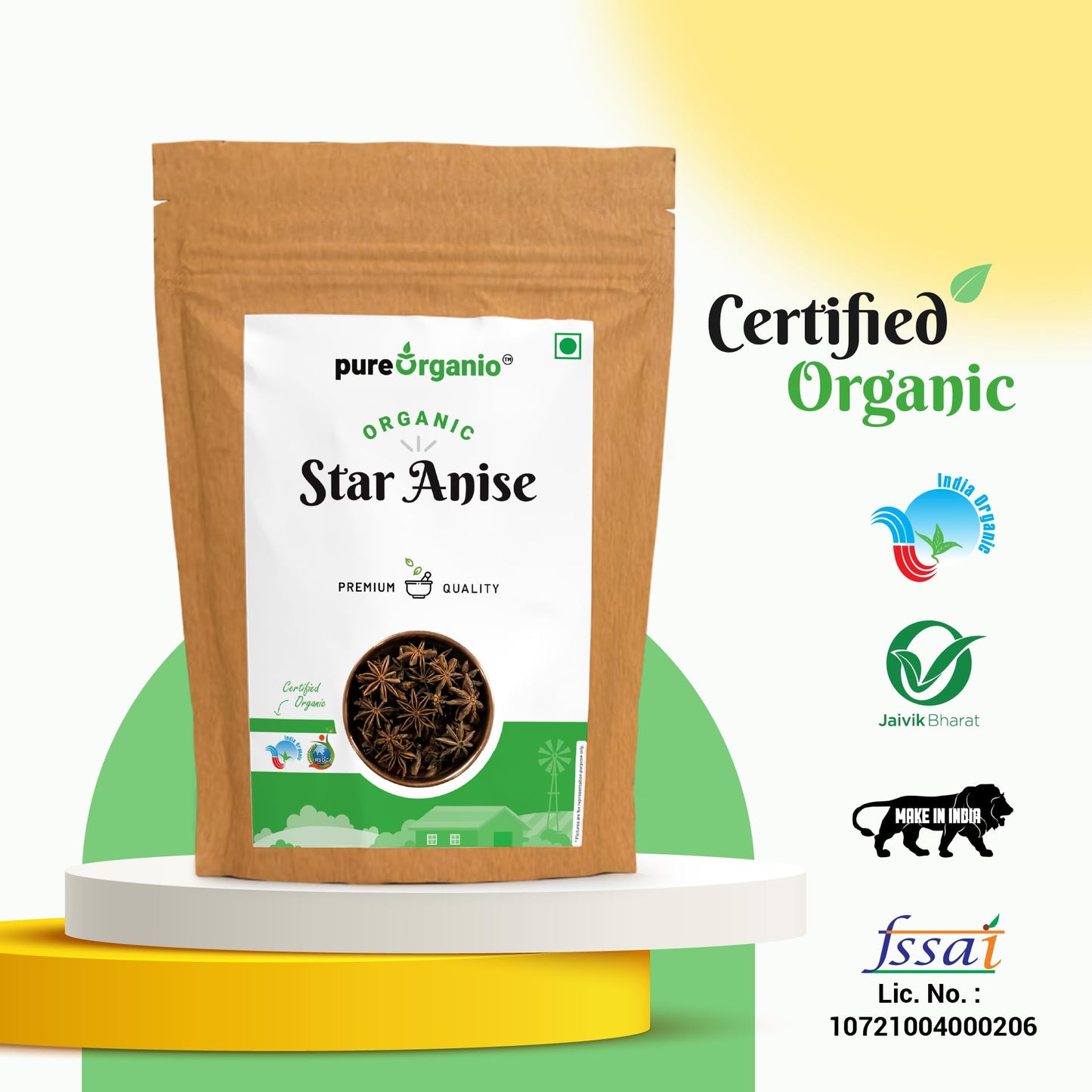 Pure Organio Organic Star Anise Spices Whole Chakri Phool Khada Masala For Cooking NPOP Organic Certified (50 Gm)