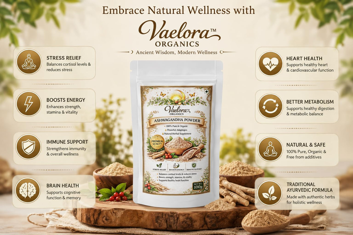 Vaelora Organics Herbal Health Powder Combo (Pack of 3) | Arjun Chal, Ashwagandha & Moringa Powder | 100% Pure & Natural | Immunity Booster, Energy & Wellness Support | Chemical-Free (100g Each)