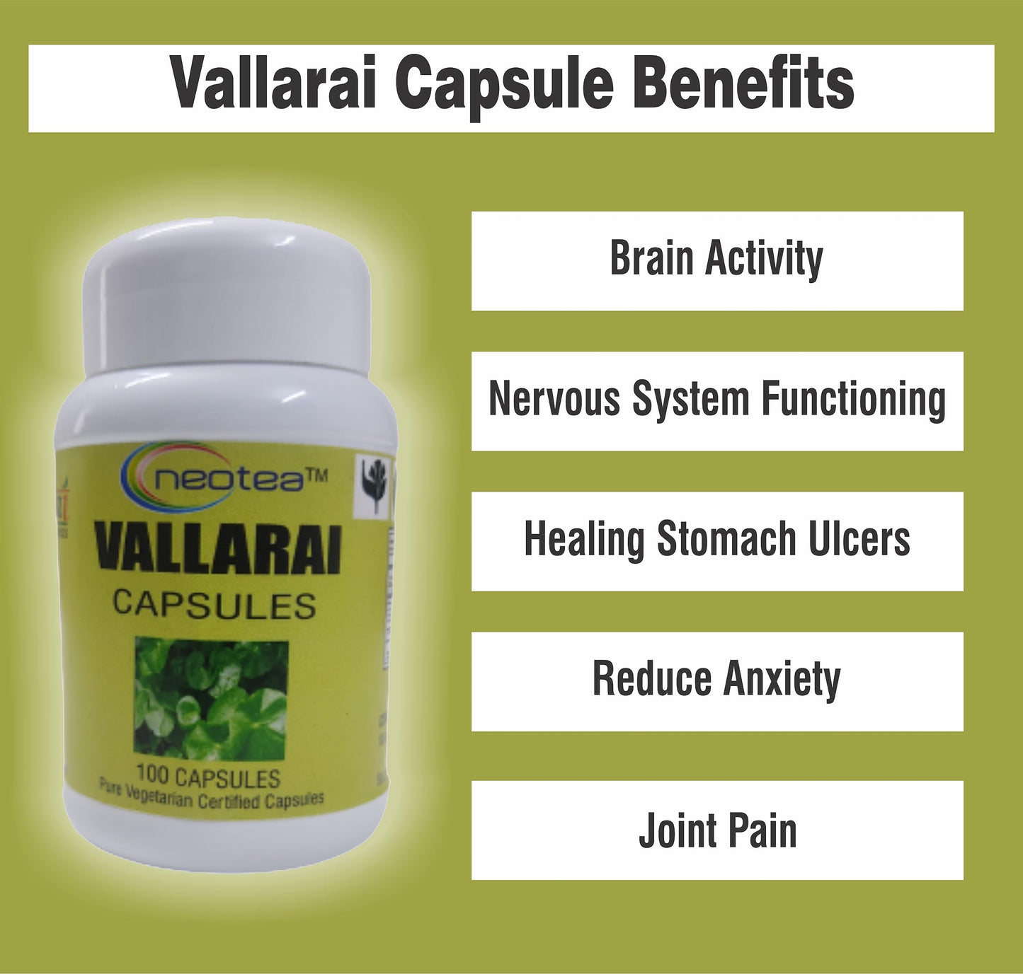 Neotea Vallarai Capsules | Ballari Brahmi Soppu Kacappi | 500Mg -100 Veg Capsule