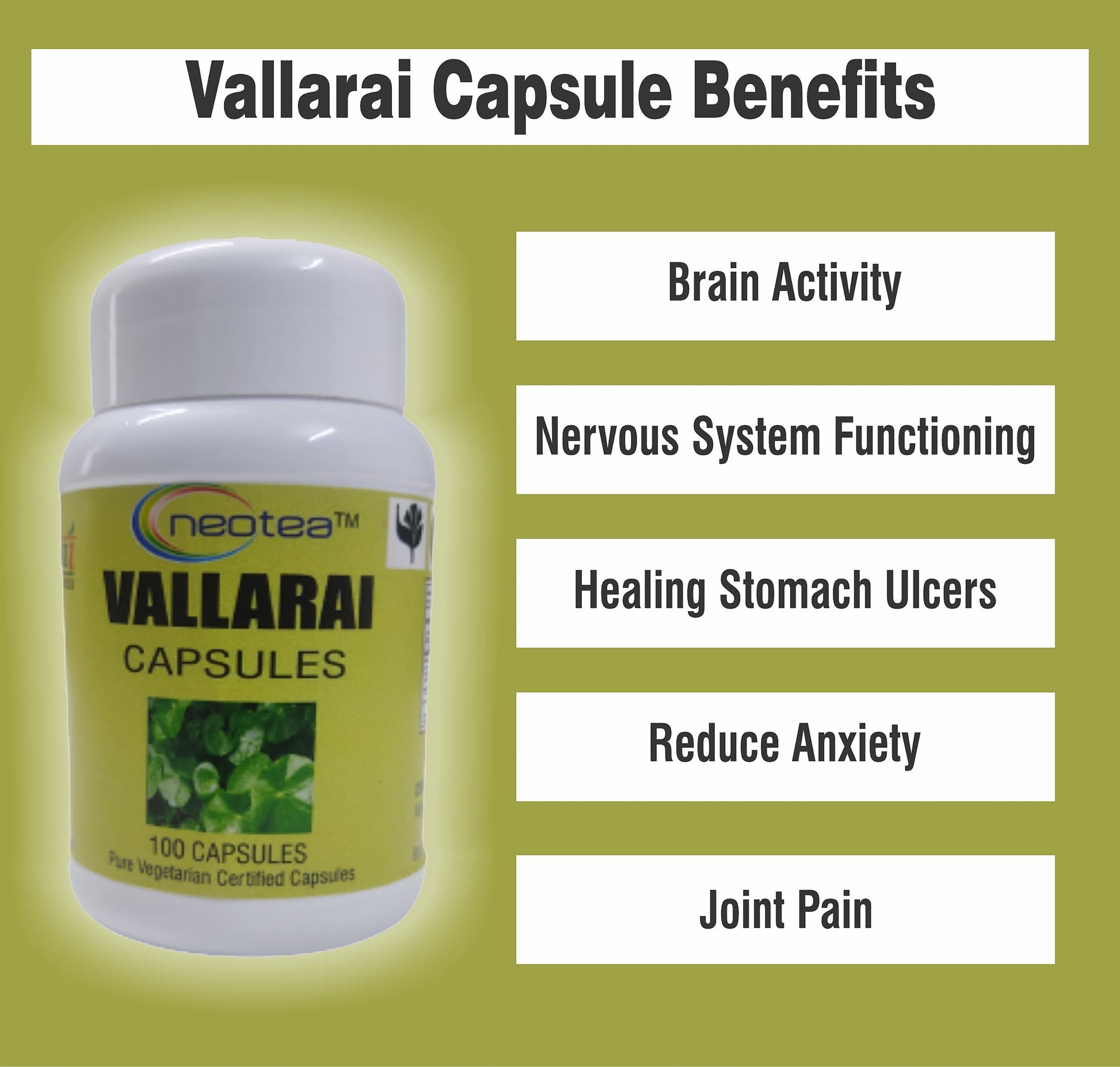 Neotea Vallarai Capsules | Ballari Brahmi Soppu Kacappi | 500Mg -100 Veg Capsule