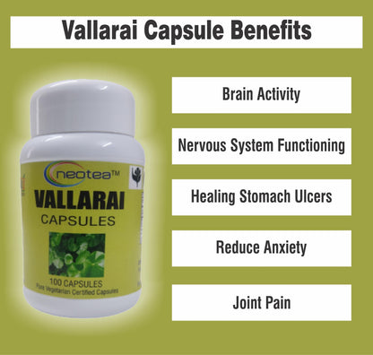 Neotea Vallarai Capsules | Ballari Brahmi Soppu Kacappi | 500Mg -100 Veg Capsule
