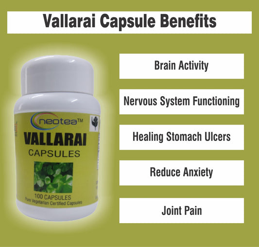 Neotea Vallarai Capsules | Ballari Brahmi Soppu Kacappi | 500Mg -100 Veg Capsule