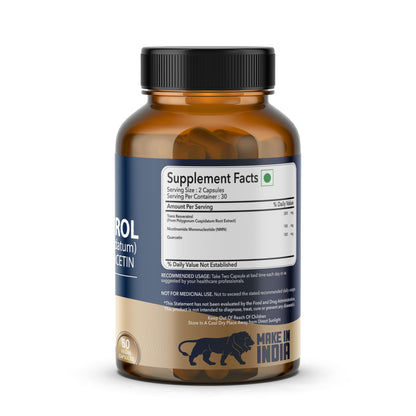 True Essentials Trans Resveratrol 99.9% Pure 500mg Supplement Slow down Aging | Anti-Inflammatory | Improves Metabolism and Heart health (60 Veg Capsules)