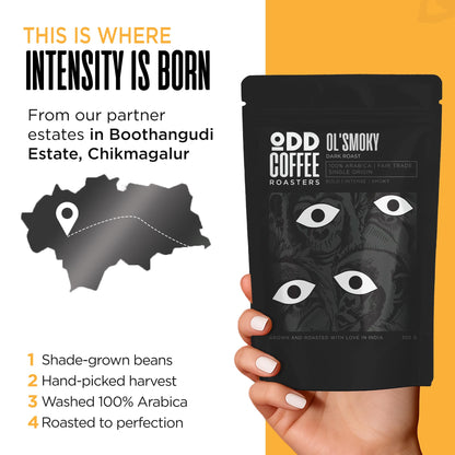 ODD COFFEE ROASTERS Ol' Smoky 100% Arabica Roasted Coffee Powder 250 gms Dark Roast | AAA Grade Specialty Beans | Bold Intense Smoky Notes | Single Origin Ground Coffee Powder for Pourover