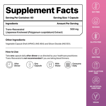 Decode Age Trans Resveratrol Supplement, Powerful Antioxidant for Anti-Ageing, Anti-Inflammatory, Metabolism & Heart Health, 500mg, 60 Veg Capsules