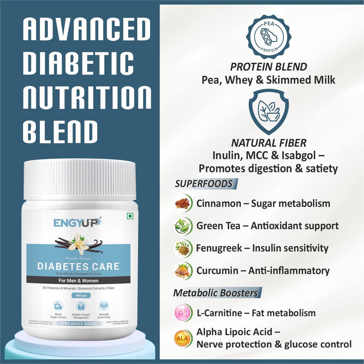 ENGYUP Diabetes Care Powder – Triple Blend Protein with Low GI & Zero Added Sugar, Vanilla Flavor, 400g