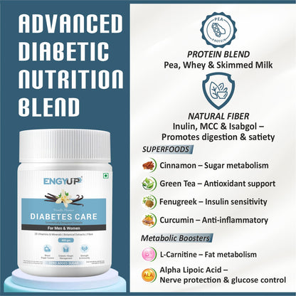 ENGYUP Diabetes Care Powder – Triple Blend Protein with Low GI & Zero Added Sugar, Vanilla Flavor, 400g