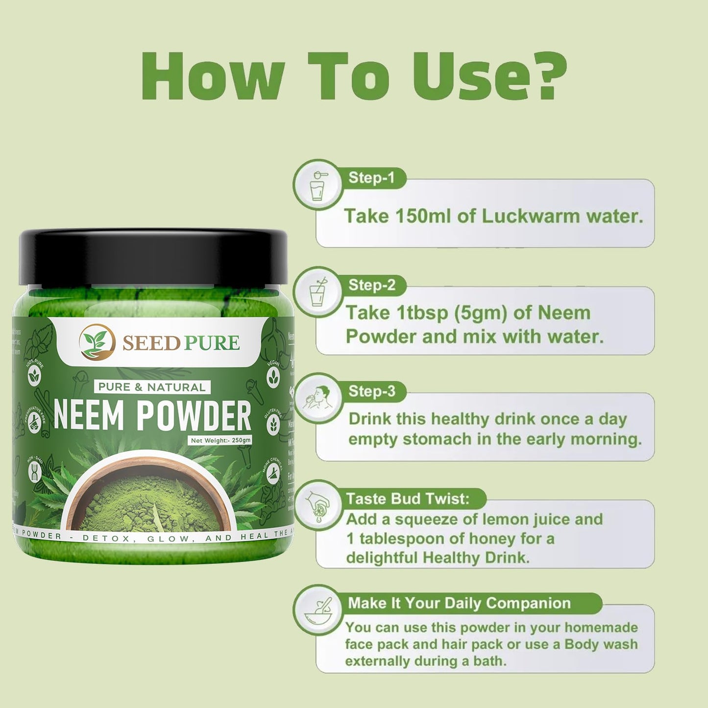 Seedpure Organic Neem Powder 250g | Pure Neem Leaf Powder for Skin, Hair, Immunity & Detox | Herbal Supplement for Acne, Oral Care & Wellness | No Additives or Preservatives