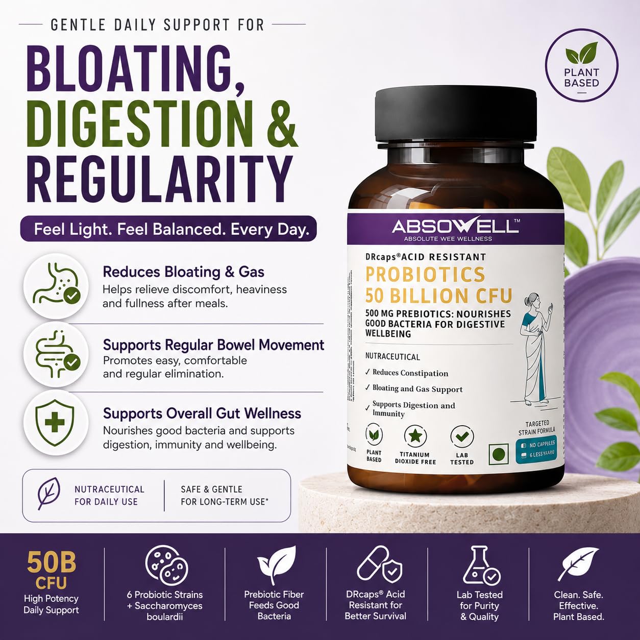Absowell Probiotics 50 Billion CFU | 6 Strain Precision Probiotic Supplement with Lactobacillus rhamnosus GG & Saccharomyces boulardii | Supports Gut Health, Digestion & Bloating | Vegan Acid-Resistant DRcaps | 60 Capsules