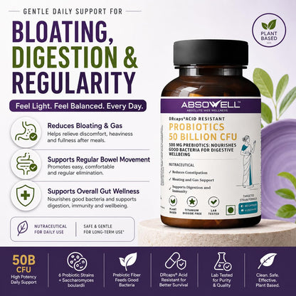 Absowell Probiotics 50 Billion CFU | 6 Strain Precision Probiotic Supplement with Lactobacillus rhamnosus GG & Saccharomyces boulardii | Supports Gut Health, Digestion & Bloating | Vegan Acid-Resistant DRcaps | 60 Capsules