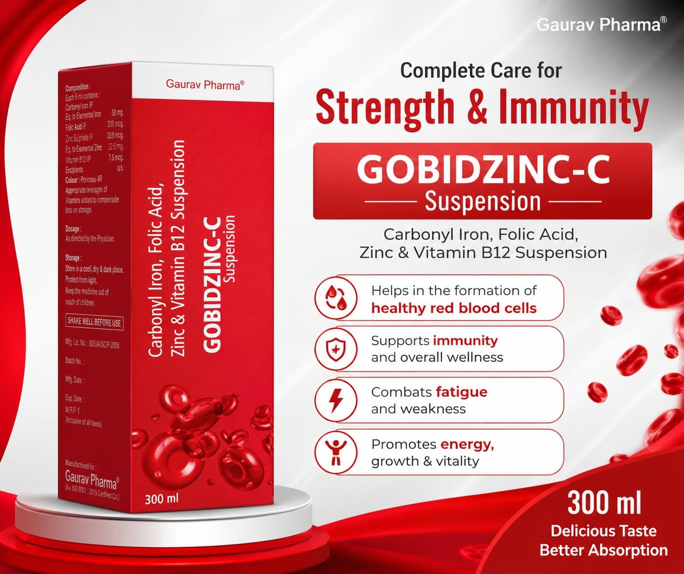 GOBIDZINC-C Suspension from Gaurav Pharma. Carbonyl Iron, Folic Acid, Zinc and Vitamin B12, 300 ml, for Whole Family