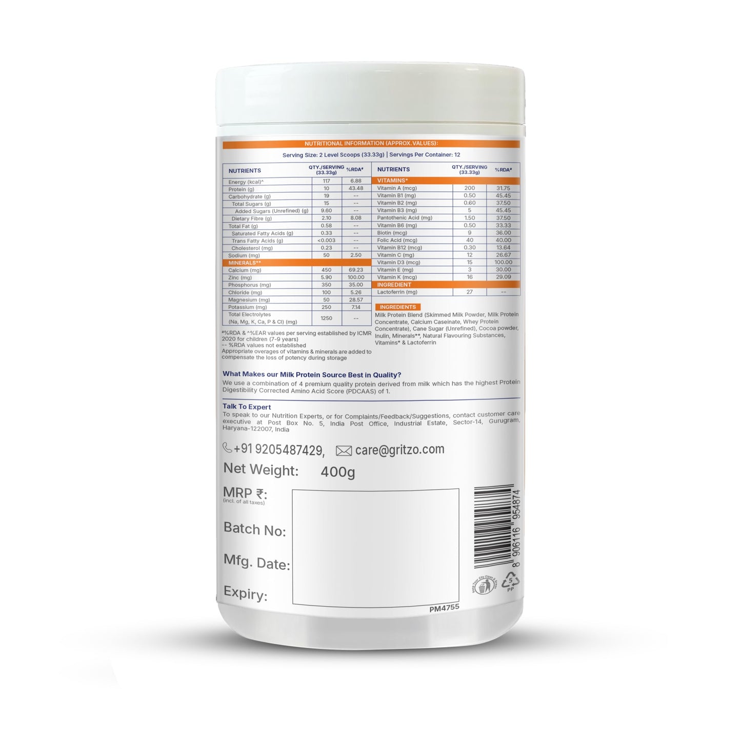 Gritzo SuperMilk Growth+ (7-12y Boy), 400g + Sipper