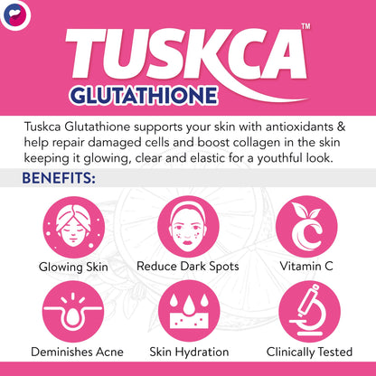 TUSKCA Japanese Glutathione Tablets for Skin Brightening with Vitamin C - Vegan Supplements for Clear, Youthful Skin - Clinically Proven Opitac Glutathione, Best for Pigmentation & Uneven Skin Tone, 20 Effervescent Tablet (Pack of 1) Orange Flavour